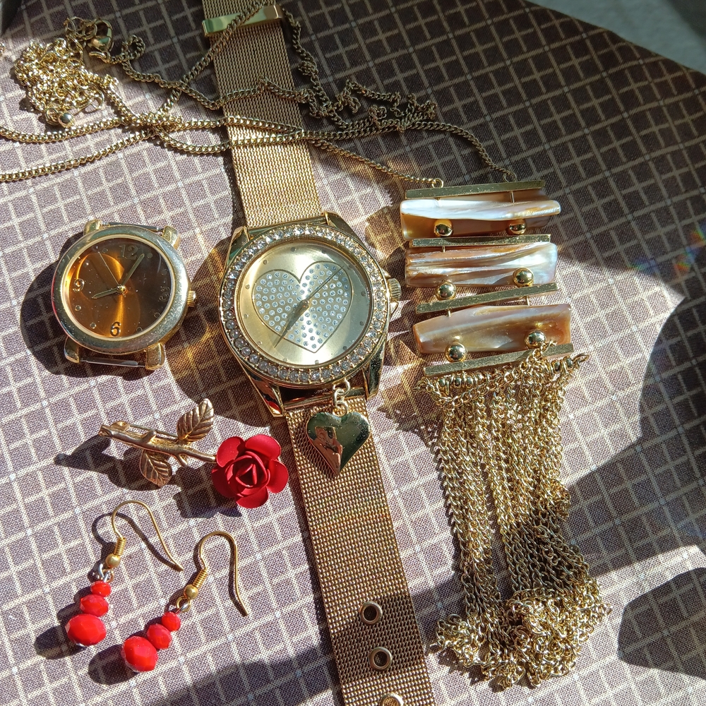 Jewelry Lot, 2 watches, Shell Necklace, Rose Pin, Red Earrings